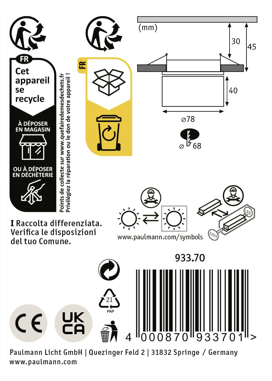 'Technical drawing and symbols for Paulmann light fixture 933.70. Includes disposal instructions in various languages and product dimensions.'