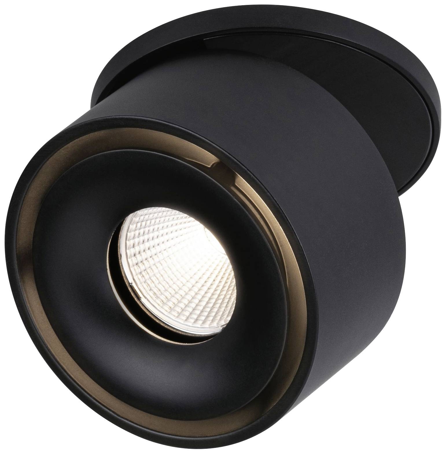 Zwarte plafondlamp met een cirkelvormig ontwerp, straalt gericht licht naar beneden. Modern uiterlijk voor binnenruimtes.