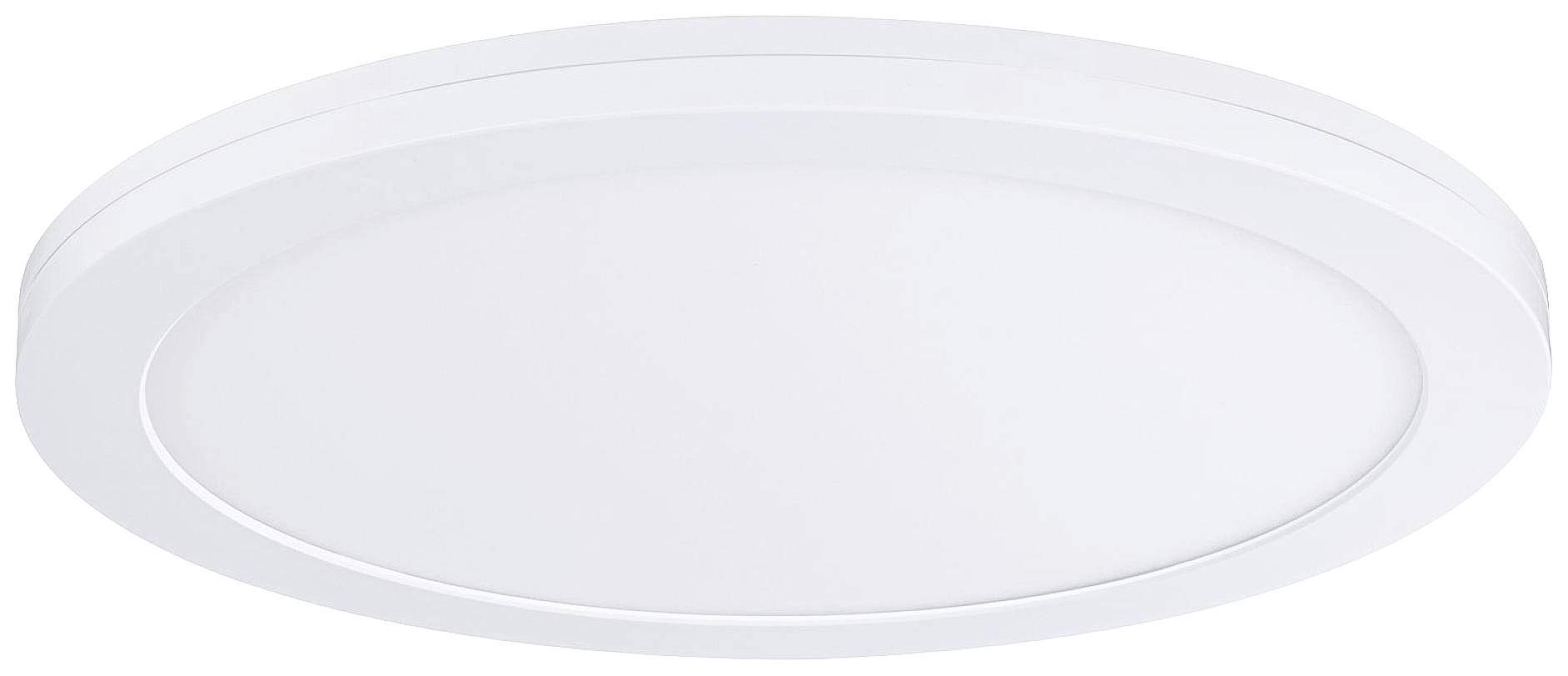 Ronde, platte plafondlamp met een witte rand en een diffuse afdekking, geschikt voor een gelijkmatige ruimteverlichting.