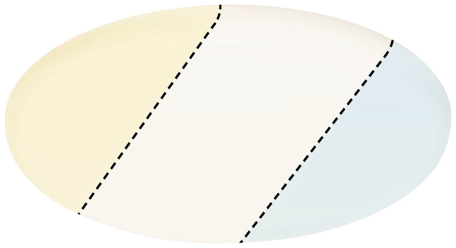 'Ovaal met drie verticale gebieden: links beige, in het midden wit, rechts blauw, gescheiden door stippellijnen.'