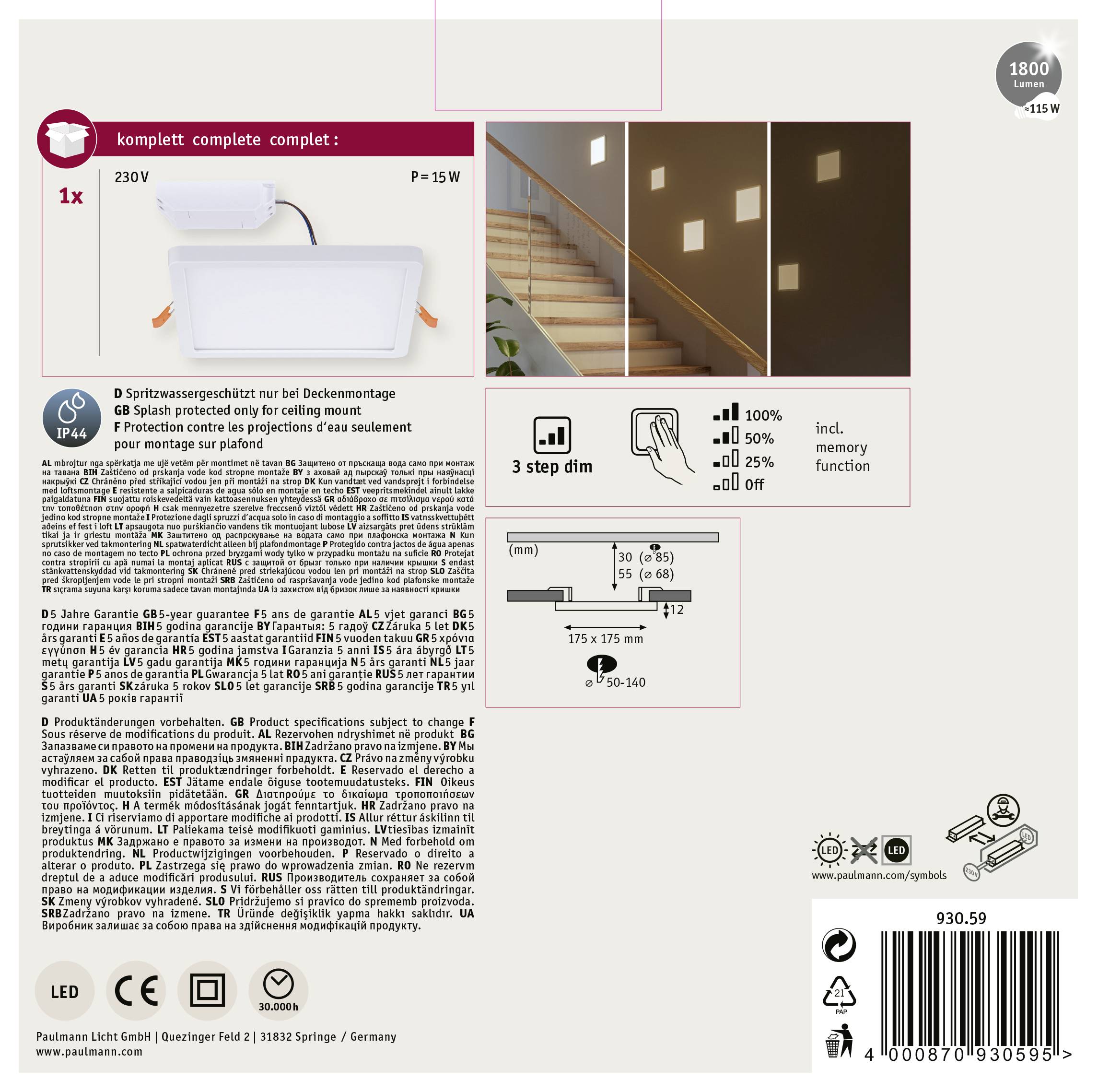 LED-plafondlamp, 15 W, 3-traps dimbaar. Bevat afbeeldingen van installatie en gebruiksscenario's op trappen.