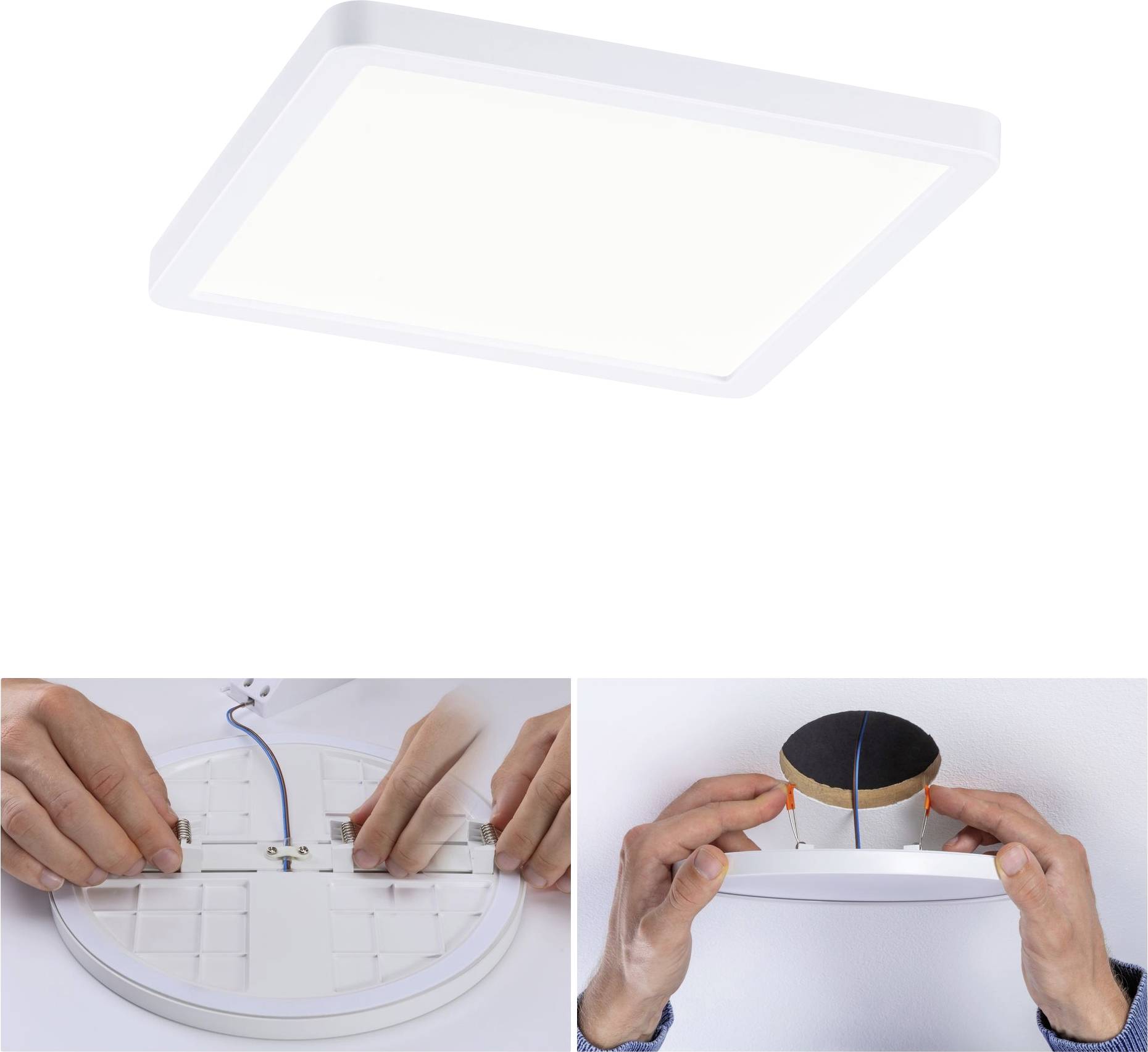 Vierkante LED-plafondlamp, wit behuizing. Onderstaande afbeeldingen tonen montage: draden aansluiten, armatuur aan plafondsteun bevestigen.