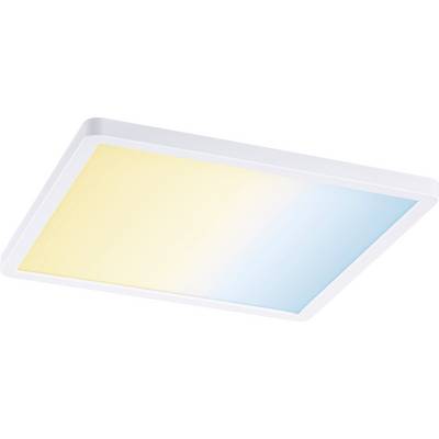 Vierkante LED-plafondlamp met warme gele en koele blauwe lichtgradatie, witte omlijsting. Ideaal voor moderne interieurs.