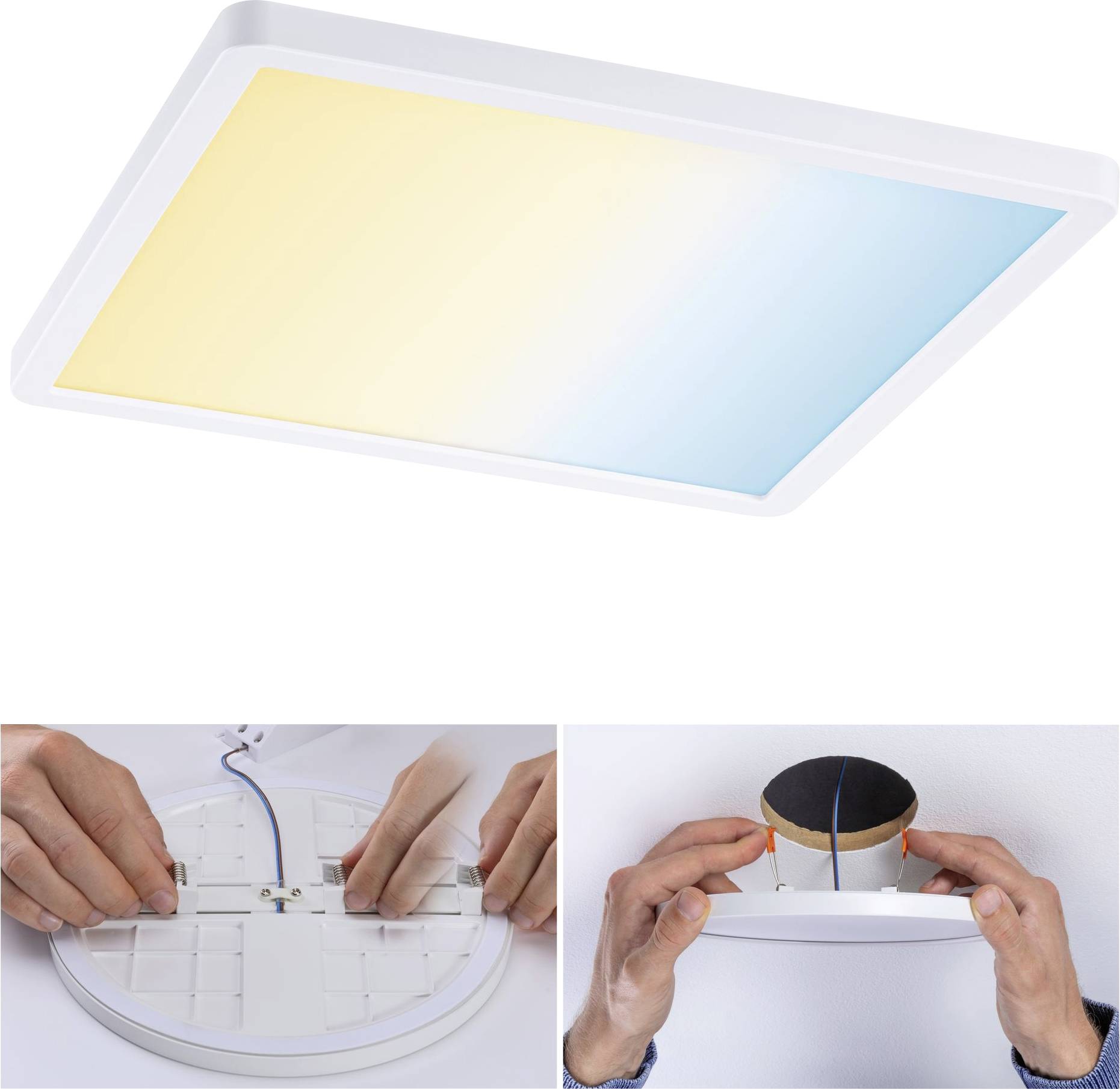 'Twee-beelden-collage: Boven LED-plafondlamp met dubbele kleurtemperatuurregeling; linksonder installatie met kabelaansluiting; rechtsonder montage aan het plafond.'