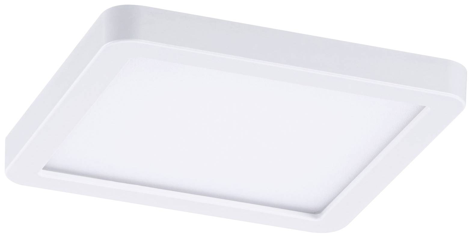 Een witte, vierkante LED-plafondlamp met afgeronde hoeken, die egaal verlicht. Geschikt voor moderne interieurs.