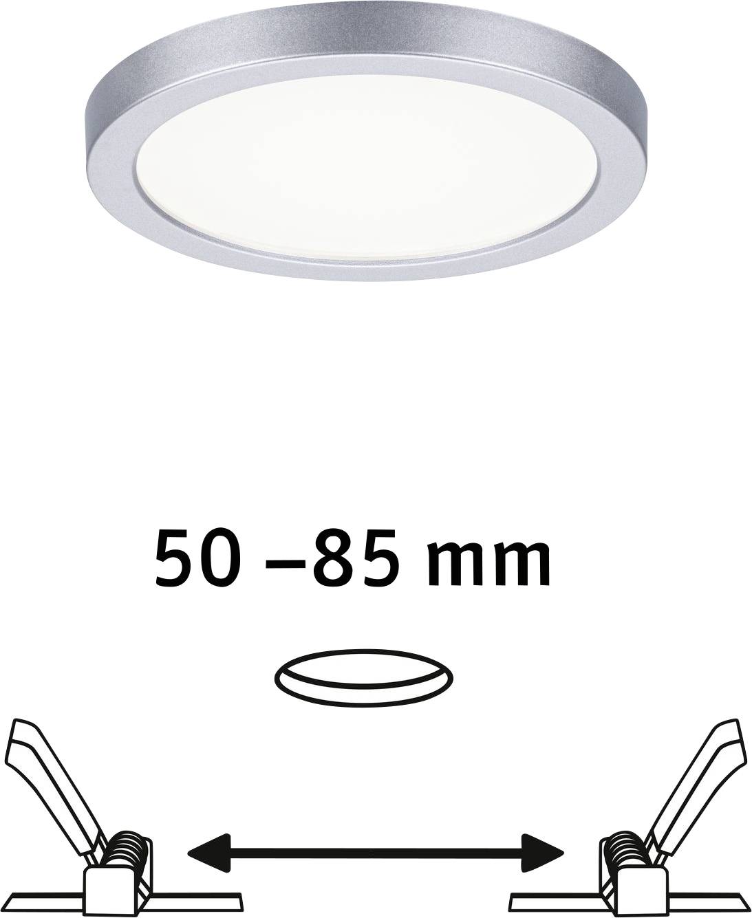 Ronde LED-plafondlamp met een inbouwdiameter van 50 tot 85 mm. Daaronder een grafiek van de inbouwtechniek met bevestigingsclips.