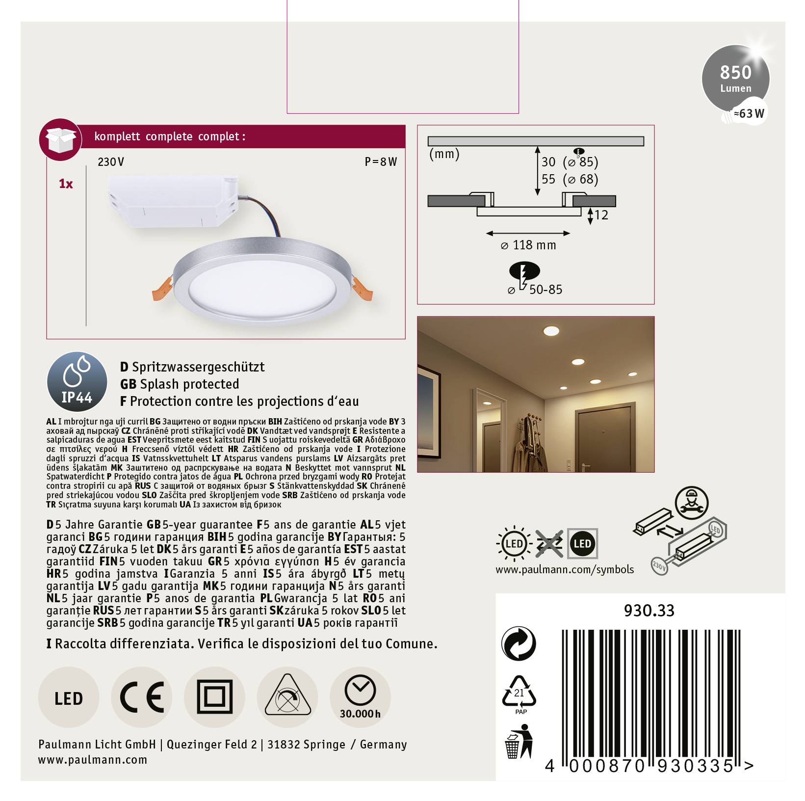 'Paulmann LED-paneel: 230V, 8W, IP44, 850 Lumen. Complete set inclusief geïntegreerde wandbevestiging en spatwaterbescherming.'