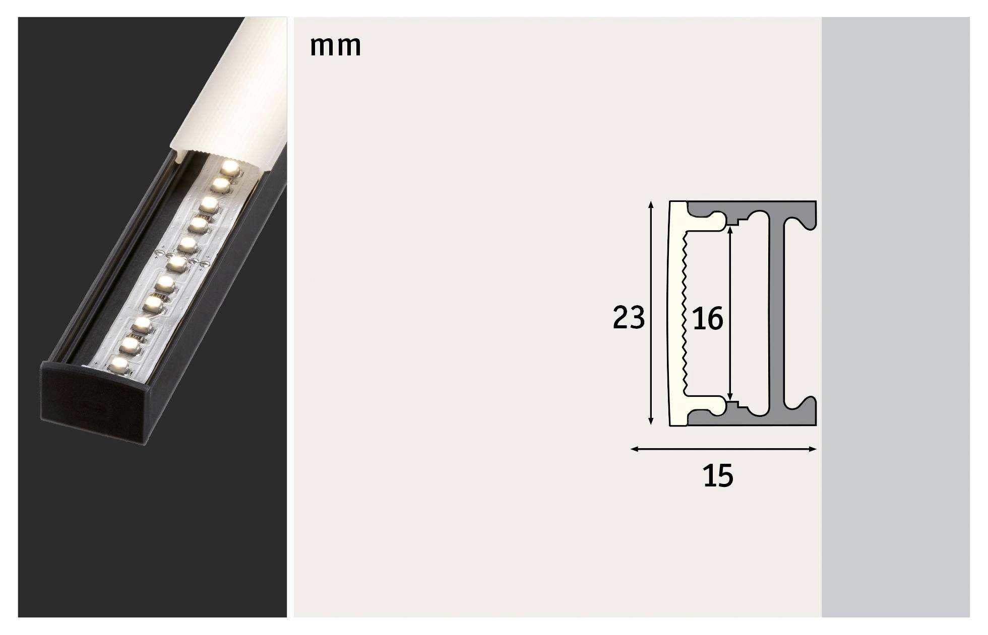 Een zwart LED-profiel met afmetingen van 23x16x15 mm en een ronde afdekking is links weergegeven. Rechts is de doorsnedeschets.
