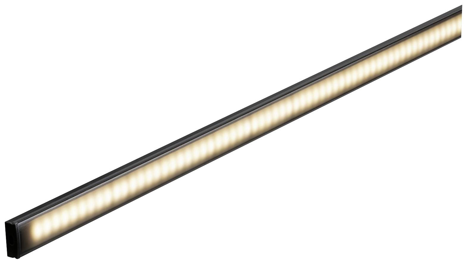 Een lineair LED-licht met warmwit glinsteren, in een slanke, zwarte behuizing, geschikt voor stijlvolle verlichting.
