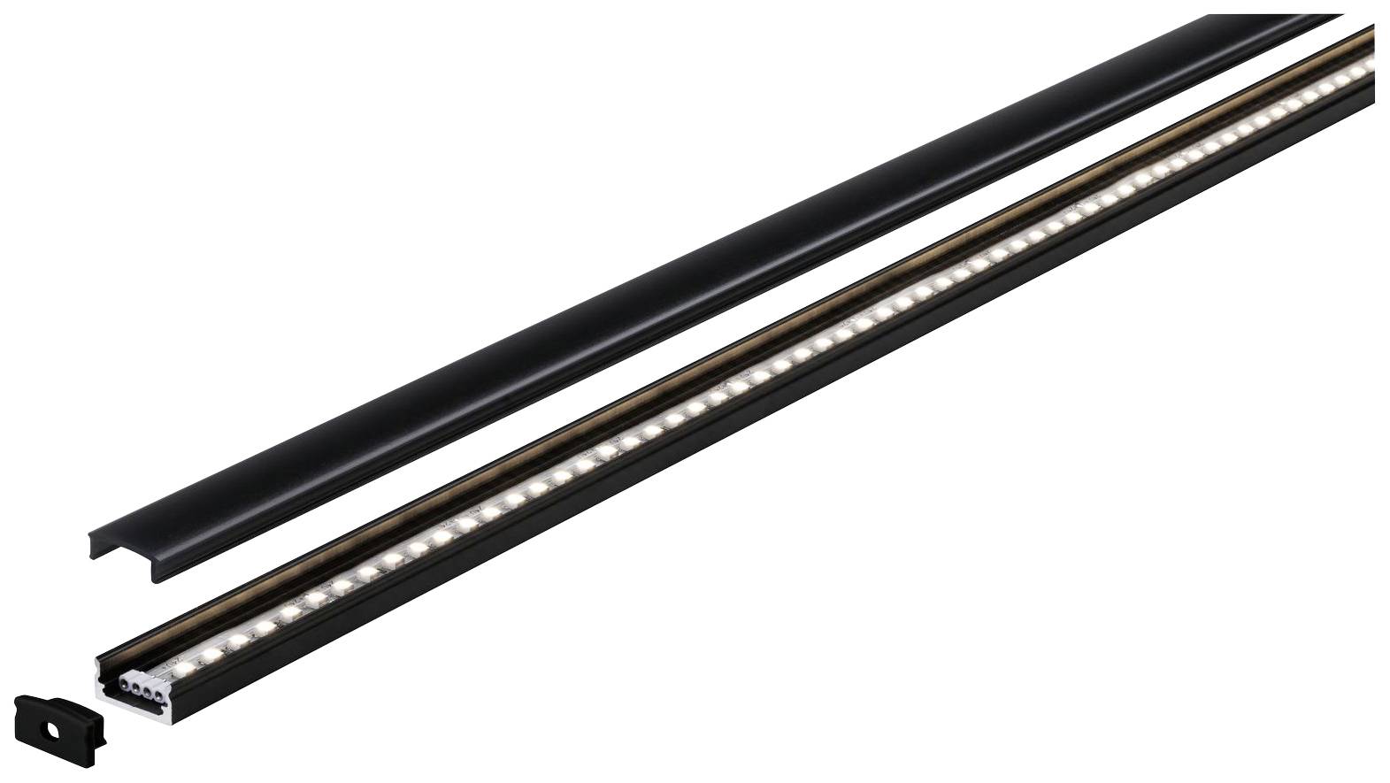 Een LED-lichtstrip in een zwarte rail; toont de LED-lampen in een smalle, langwerpige houder met eindkap.