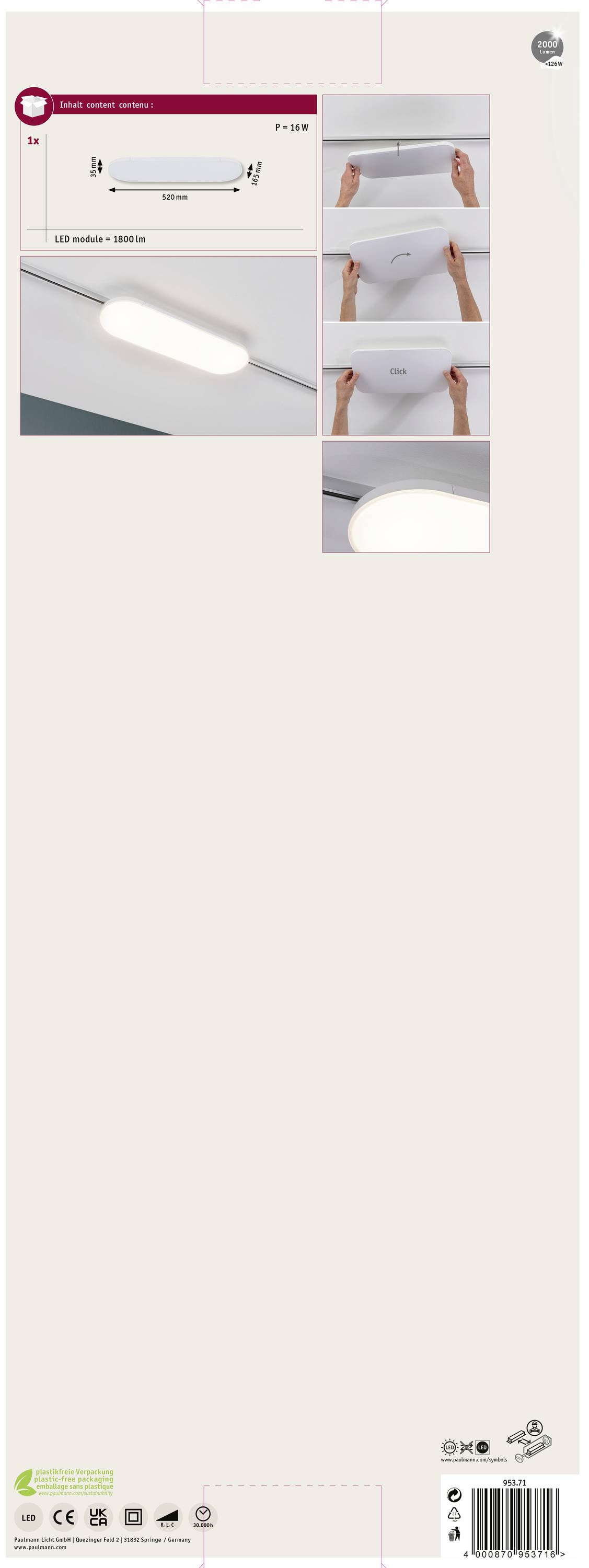 LED-plafondlamp verpakking met installatiehandleiding. Toont afmetingen en energie-efficiëntie. Nieuw, modern design.