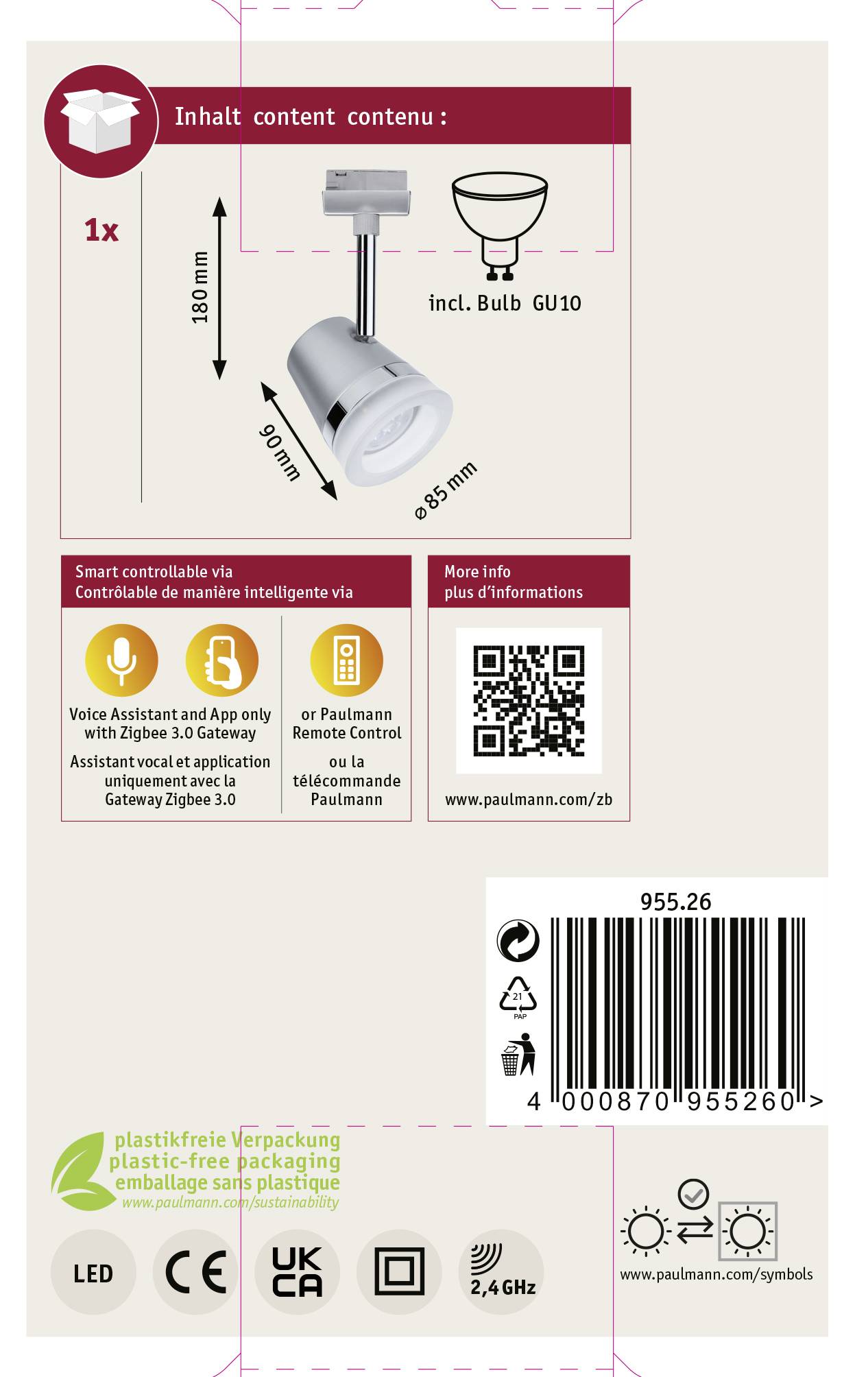 'Verlichtingsset met GU10-lamp, spraakbesturing via app en gateway vereist. Verpakking zonder plastic. Barcode onderaan.'