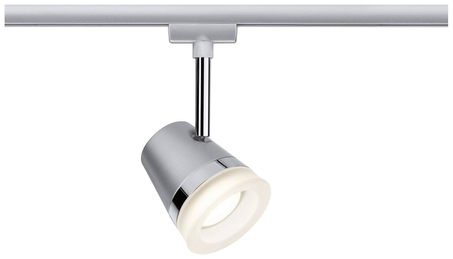 Zilveren LED-spot gemonteerd op een plafondlijst, schijnt naar beneden. Geschikt voor nauwkeurige verlichting in binnenruimtes.