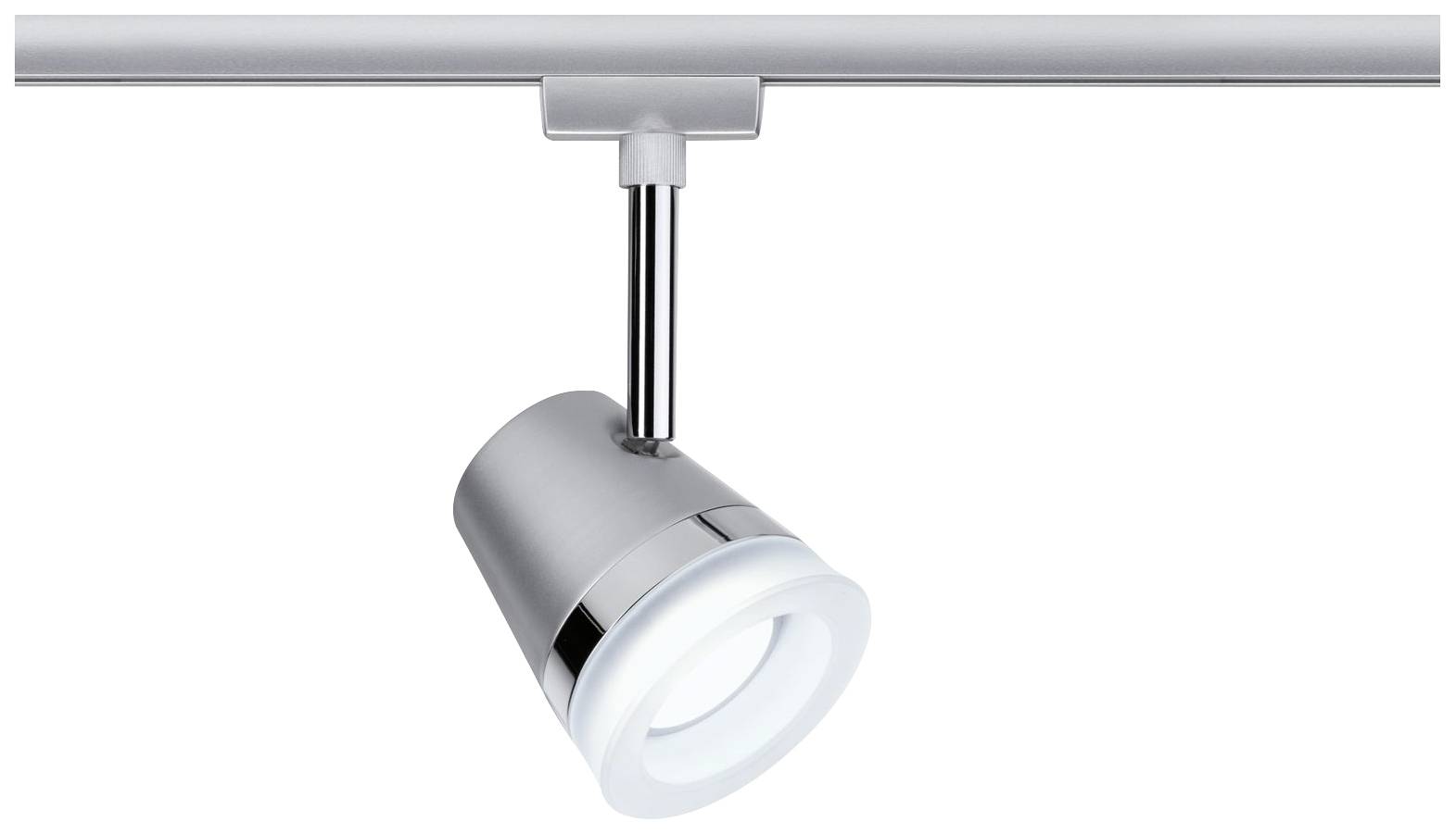 Een zilveren LED-railverlichting die aan een metalen rail hangt, biedt een modern verlichtingselement.