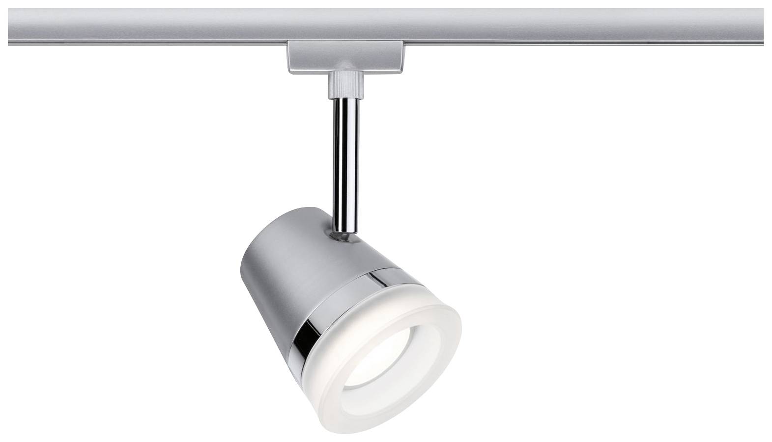 Zilveren plafondlamp, cilindrisch van vorm, gemonteerd aan een rail. Verlicht specifieke gebieden met gericht licht.