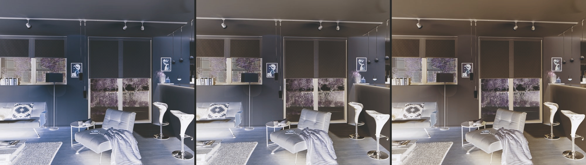 Negatieve beelden van een moderne woonkamer met een fauteuil, tafel en wanddecoraties. Verschillen in de kleurfilters van de drie afbeeldingen.