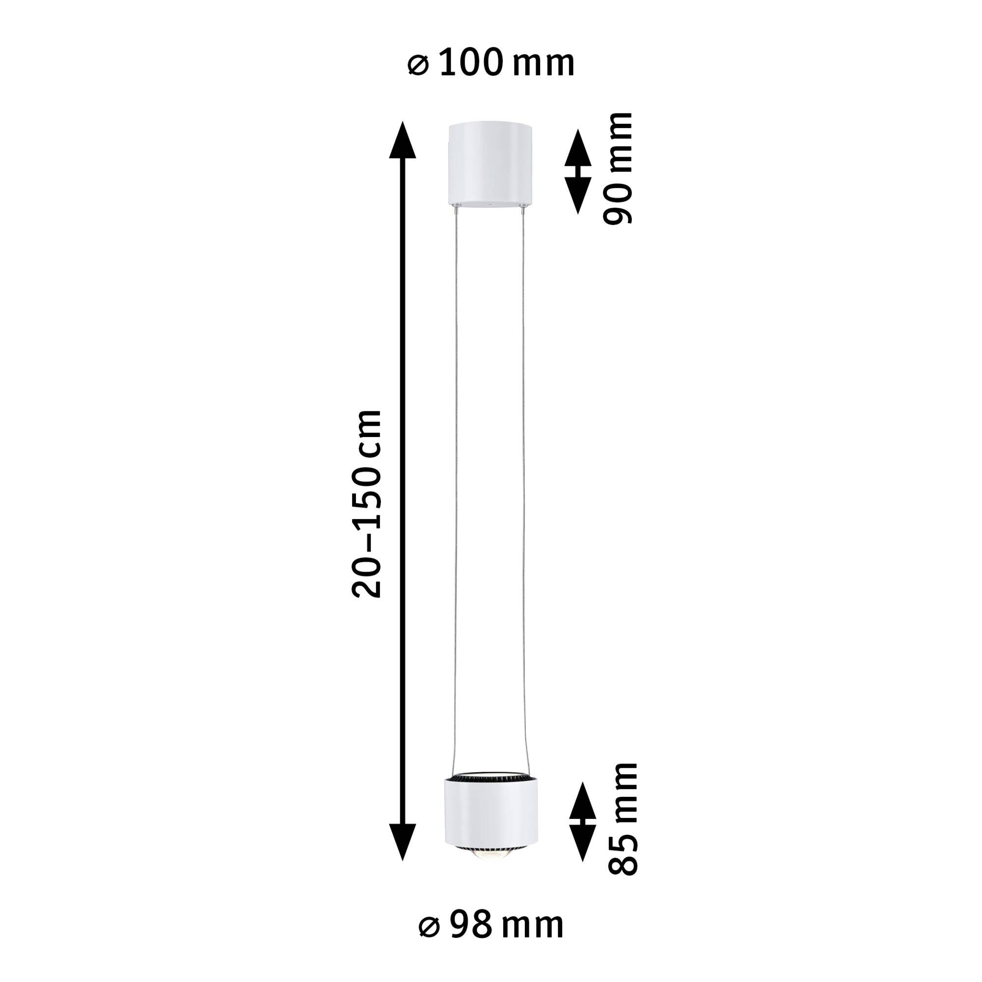 Een langwerpige lamp met variabele hoogte van 20 tot 150 cm. Bovenaan een cilindrische behuizing (Ø 100 mm, 90 mm hoog), onderaan (Ø 98 mm, 85 mm hoog).
