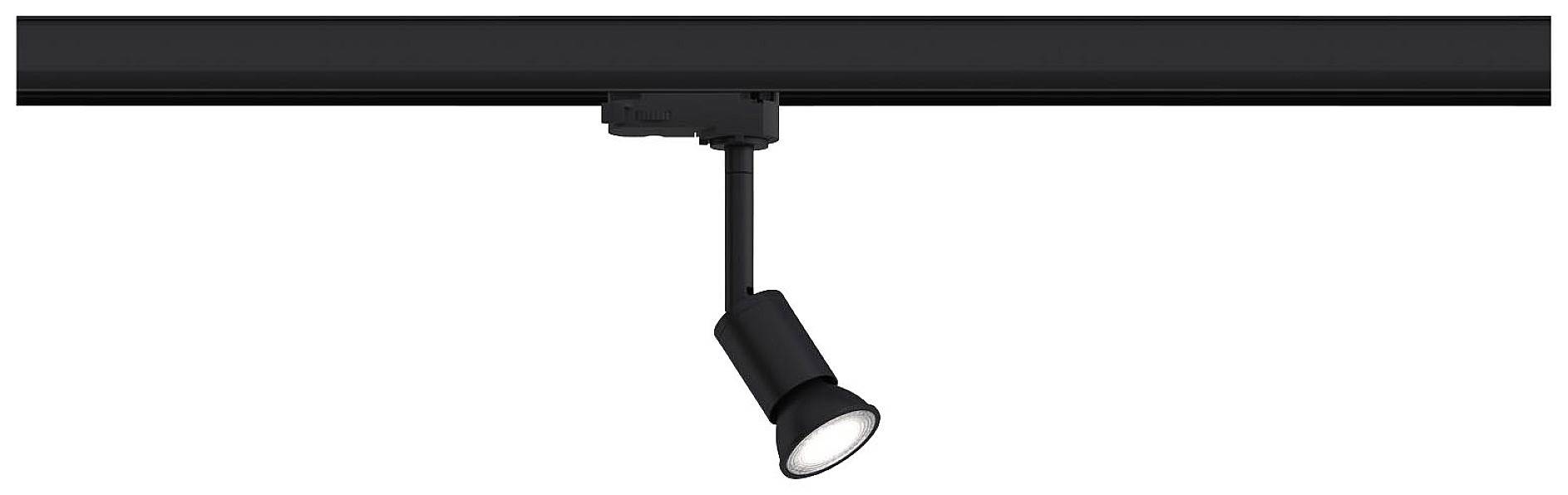 Zwarte plafondspot met verstelbaar spotlicht gemonteerd op een rail. Ideaal voor gerichte verlichting in binnenruimtes.