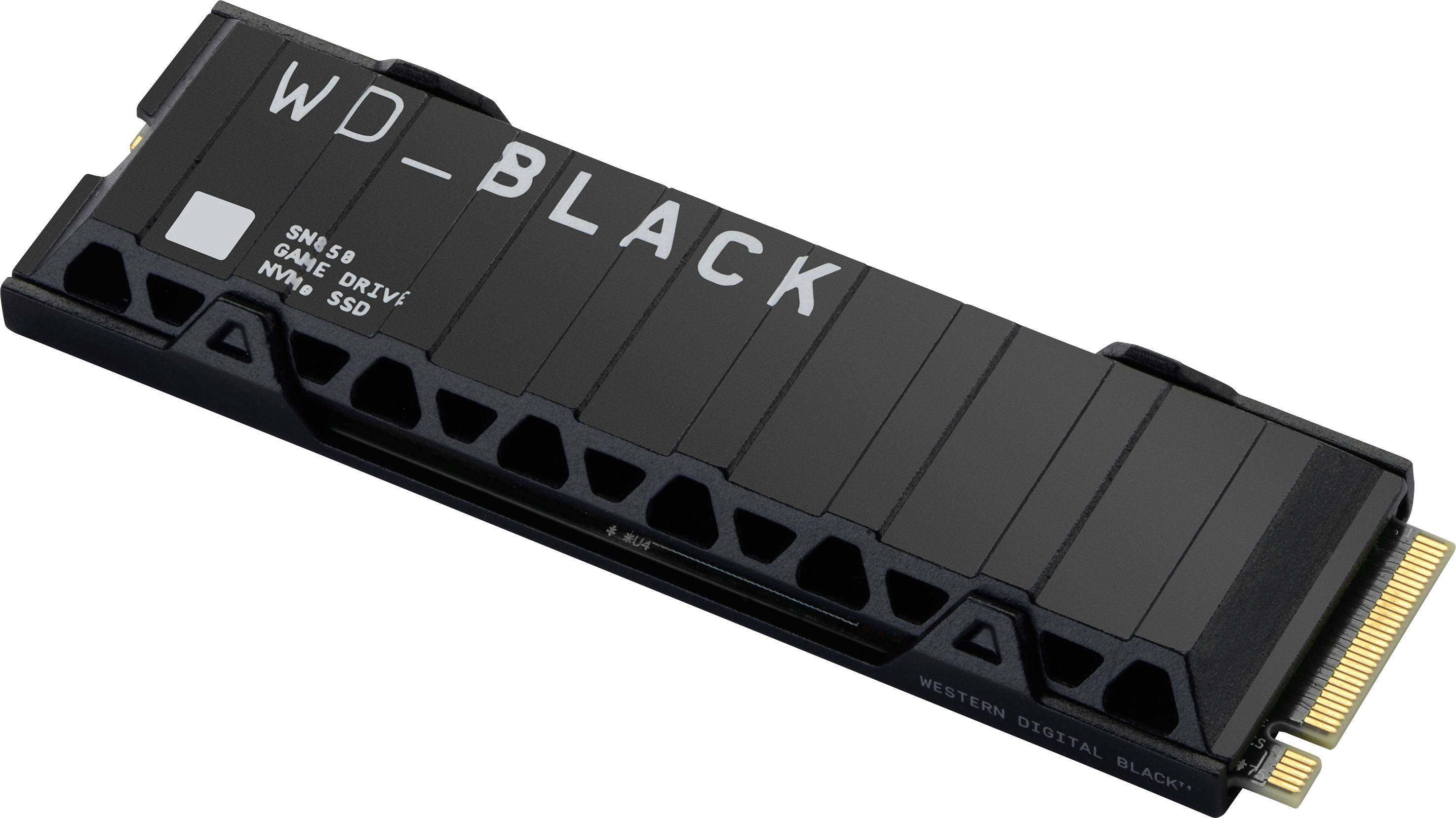 Een zwarte NVMe SSD van Western Digital met koellichaam, model 'WD_BLACK SN850', ligt diagonaal.