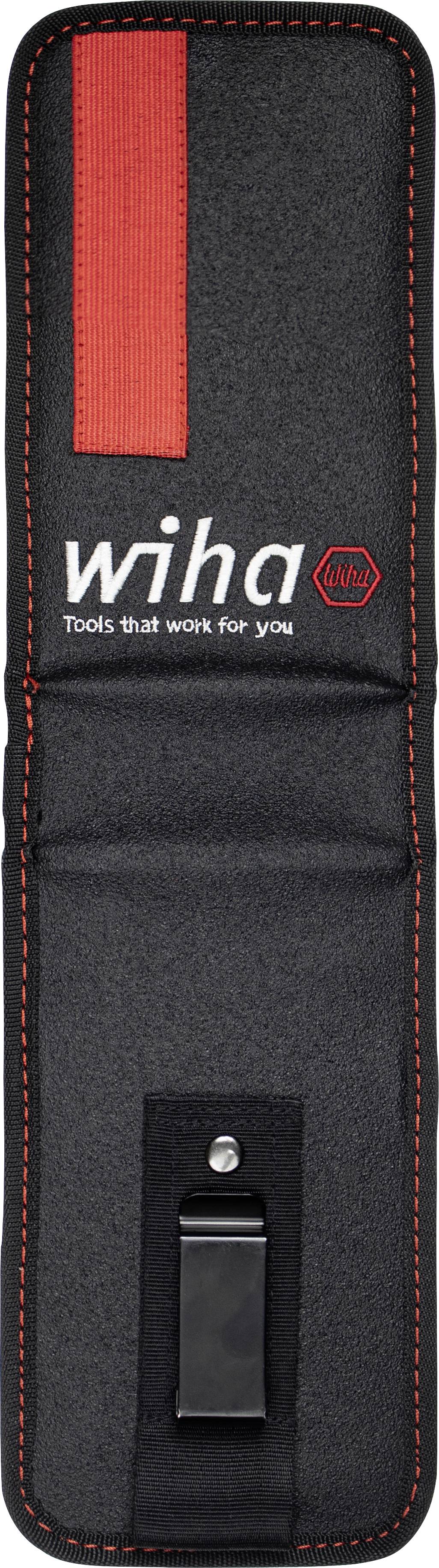 Gereedschapstas van zwart stof met rode accent, merklogo 'Wiha' en slogan 'Tools that work for you'. Clip-houder aan de binnenkant.
