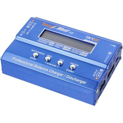 Oplader in blauwe kleur met display en toetsen voor instellingen. Opschrift: 'Professional Balance Charger/Discharger'. Model: iMAX B6 V2.