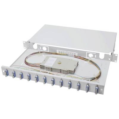 Een optisch patchpanel met meerdere aansluitingen aan de voorzijde, open behuizing onthult gekleurde kabels en een verdeler aan de binnenkant.