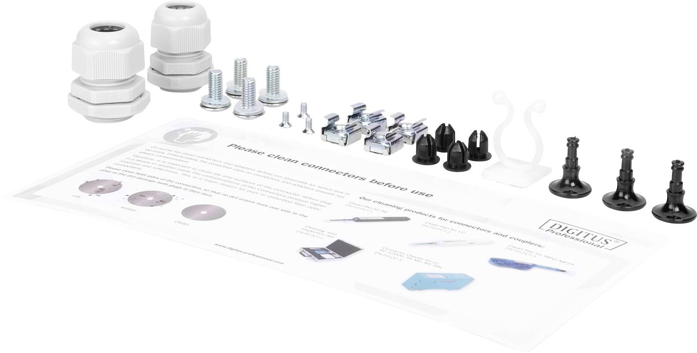 Een set bevestigingsmateriaal: diverse schroeven, moeren, kabelwartels en een handleiding op een witte achtergrond.