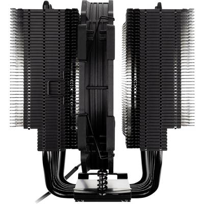 De koeler beschikt over een duaal torenontwerp met twee grote koelribbenblokken en een centrale ventilator voor effectieve warmteafvoer.