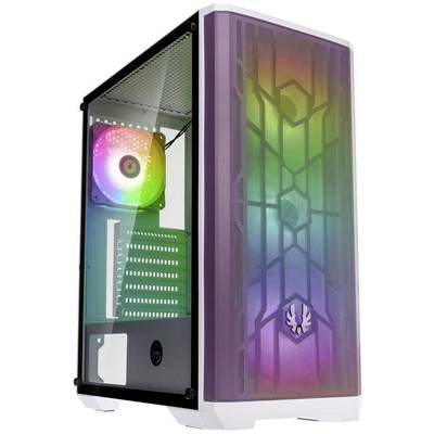 Een computerbehuizing met glazen zijwand toont kleurrijke RGB-verlichting, inclusief ventilators en voorkant.