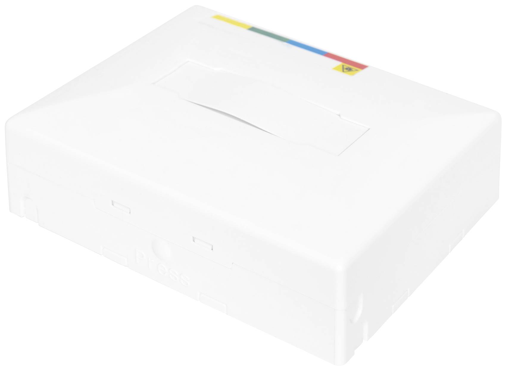 Een witte doos met een kleurgecodeerde streep en een symbool rechtsboven.