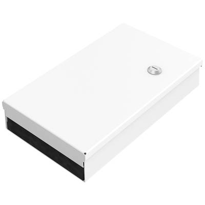 Witte metalen kist met een rond slot rechtsboven.