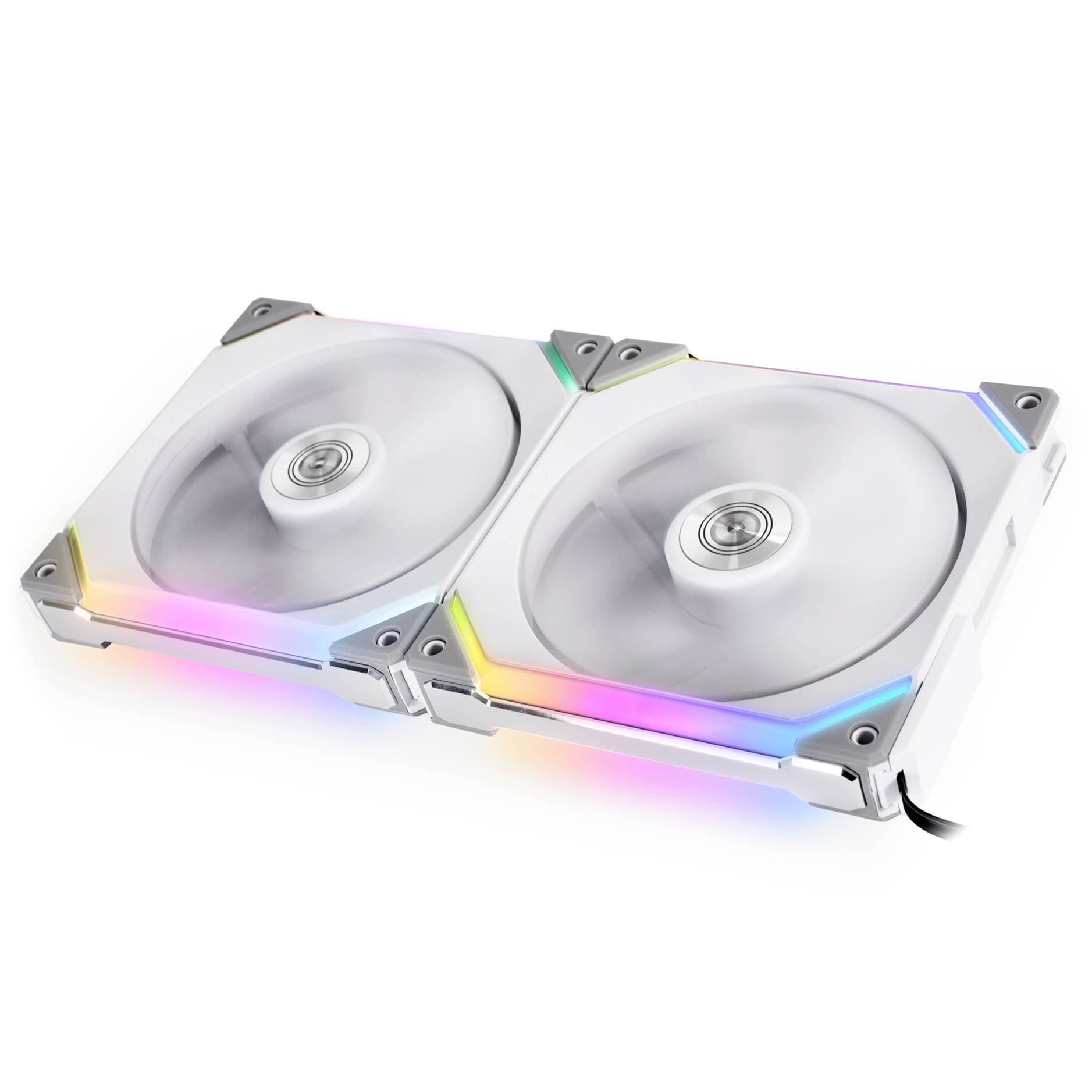 Twee witte computerventilators met regenboog-LED-verlichting in de behuizing, die zorgen voor koeling en esthetische effecten.