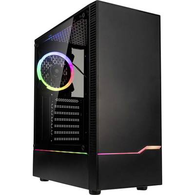 Zwart computerbehuizing met transparant zijvenster en zichtbaar regenboog verlichte ventilator.