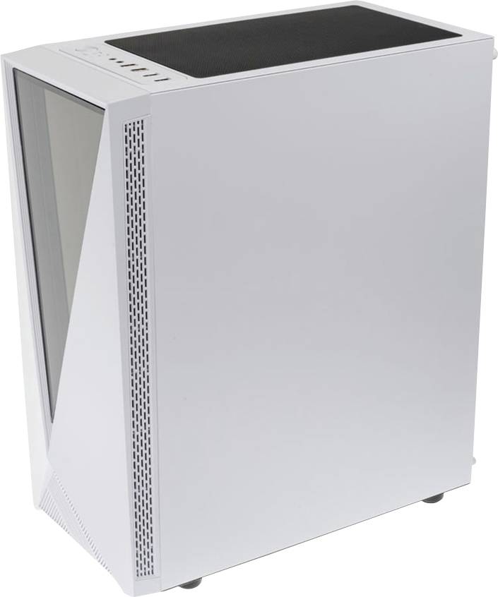 Gesloten wit computer-pc-behuizing met strakke lijnen, ventilatieopeningen aan de zijkant en een licht hellende frontplaat.