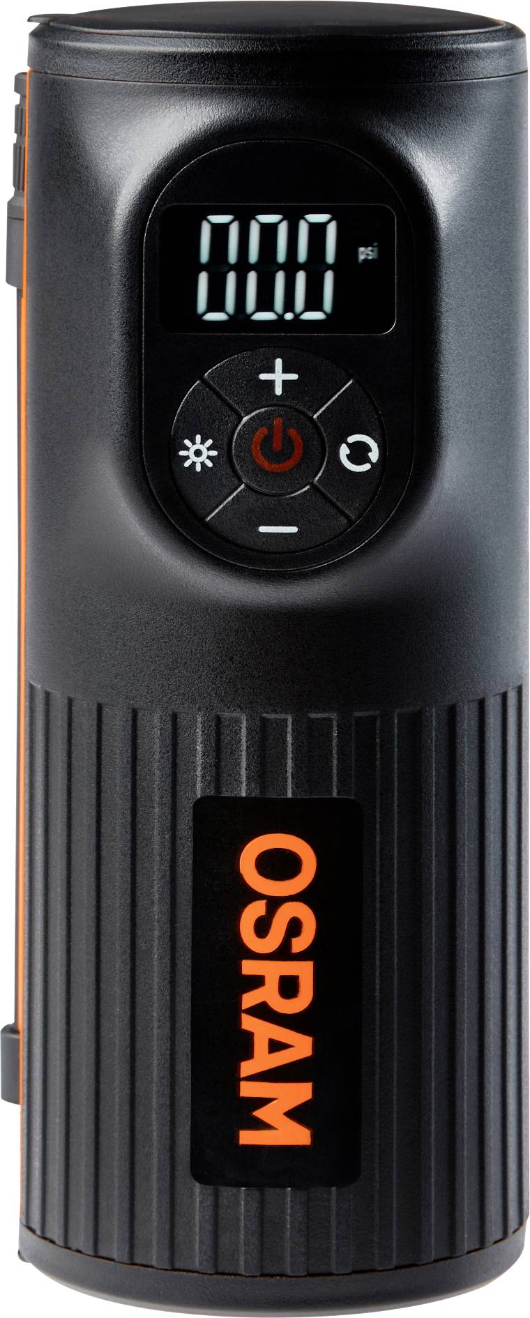 Een draagbare, zwarte luchtcompressor met digitaal display en bedieningsknoppen. Merknaam 'Osram' in oranje op de voorkant.