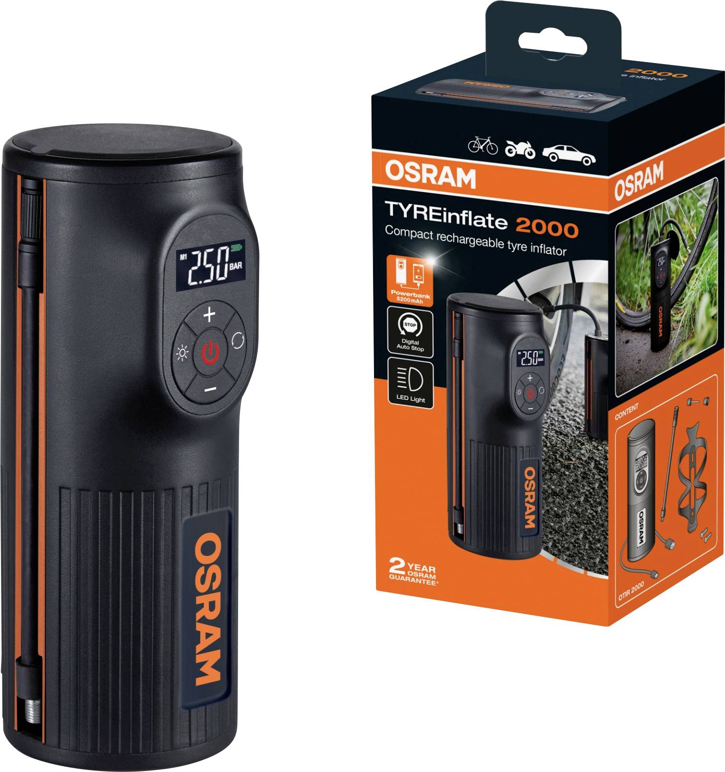 Een compacte, oplaadbare bandenpomp van OSRAM met digitaal display. Toont 2,50 bar aan. Verpakking toont toepassingsvoorbeelden.