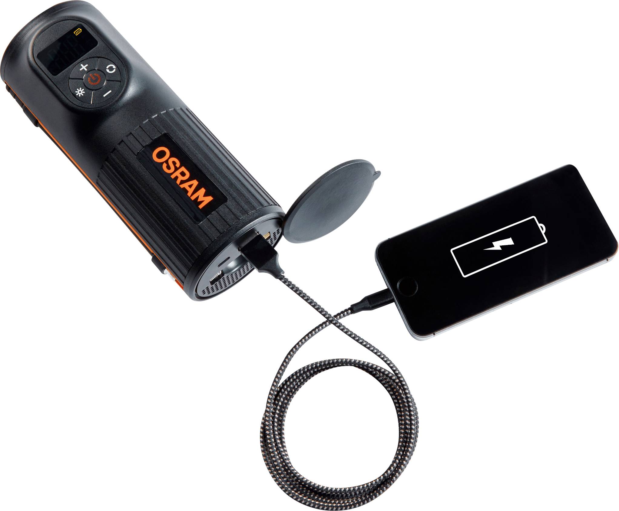 Een OSRAM-zaklamp laadt een smartphone op via een kabel. Het smartphonescherm toont een oplaadsymbool.