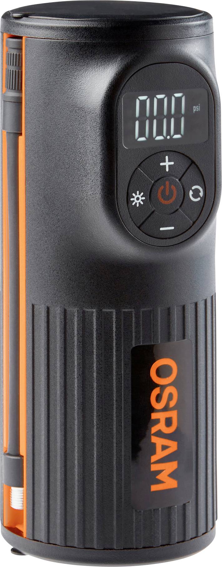 Zwarte, cilindrische elektrische compressor met OSRAM-logo, digitaal display en bedieningsknoppen, gebruikt voor het oppompen van banden.