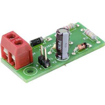 Een groene elektronische printplaat met meerdere gekleurde weerstanden, een condensator, een zwarte diode en een rood aansluitblok.