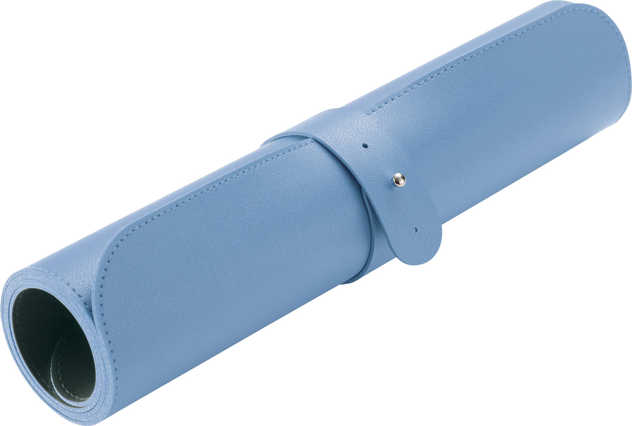 Een blauwe, opgerolde lederen hoes die met een riem is afgesloten.