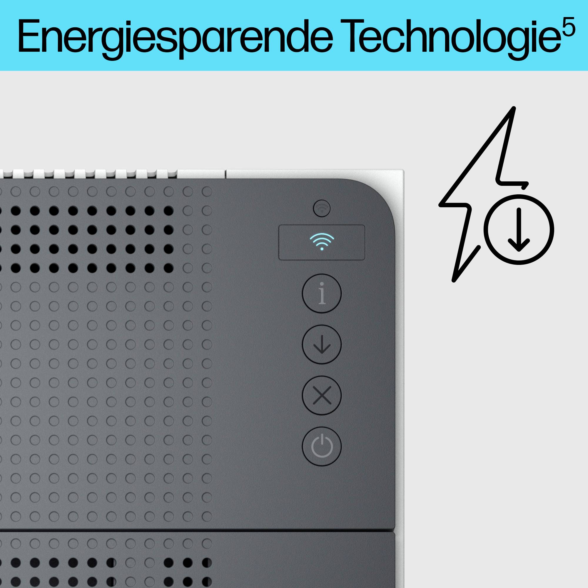 Apparaat met symbolen voor wifi, stroom en stand-by. Tekst: 'Energiebesparende technologie'. Symbool voor energiebesparing.