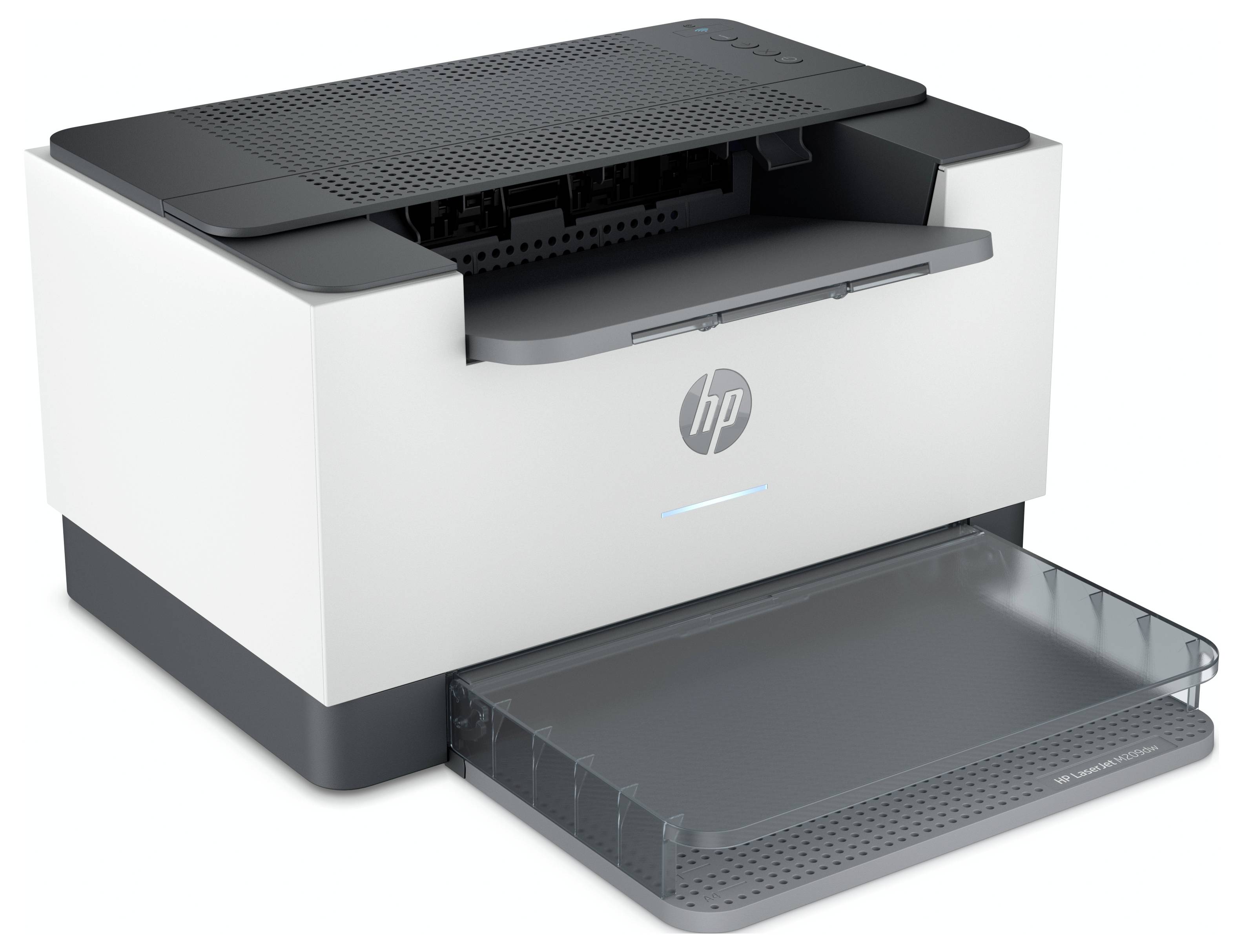 HP laserprinter met uitgetrokken voorpapierlad en geopende bovenste uitvoerlad, getoond op een witte achtergrond.