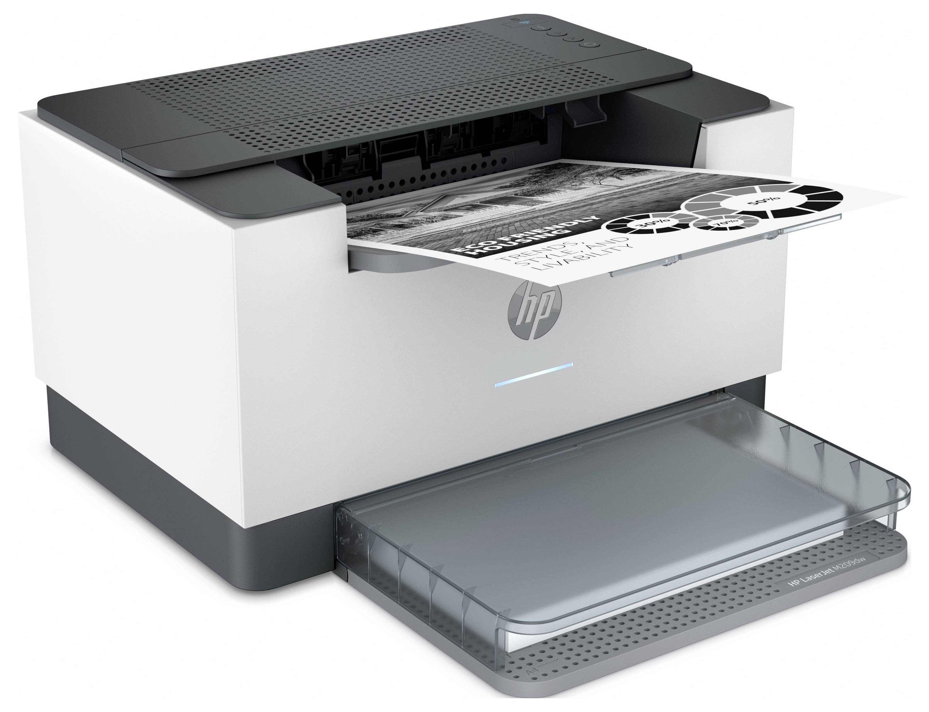 HP laserprinter die een zwart-wit document afdrukt, met een papierlade uitgebreid en een uitvoerlade met afgedrukte pagina's.