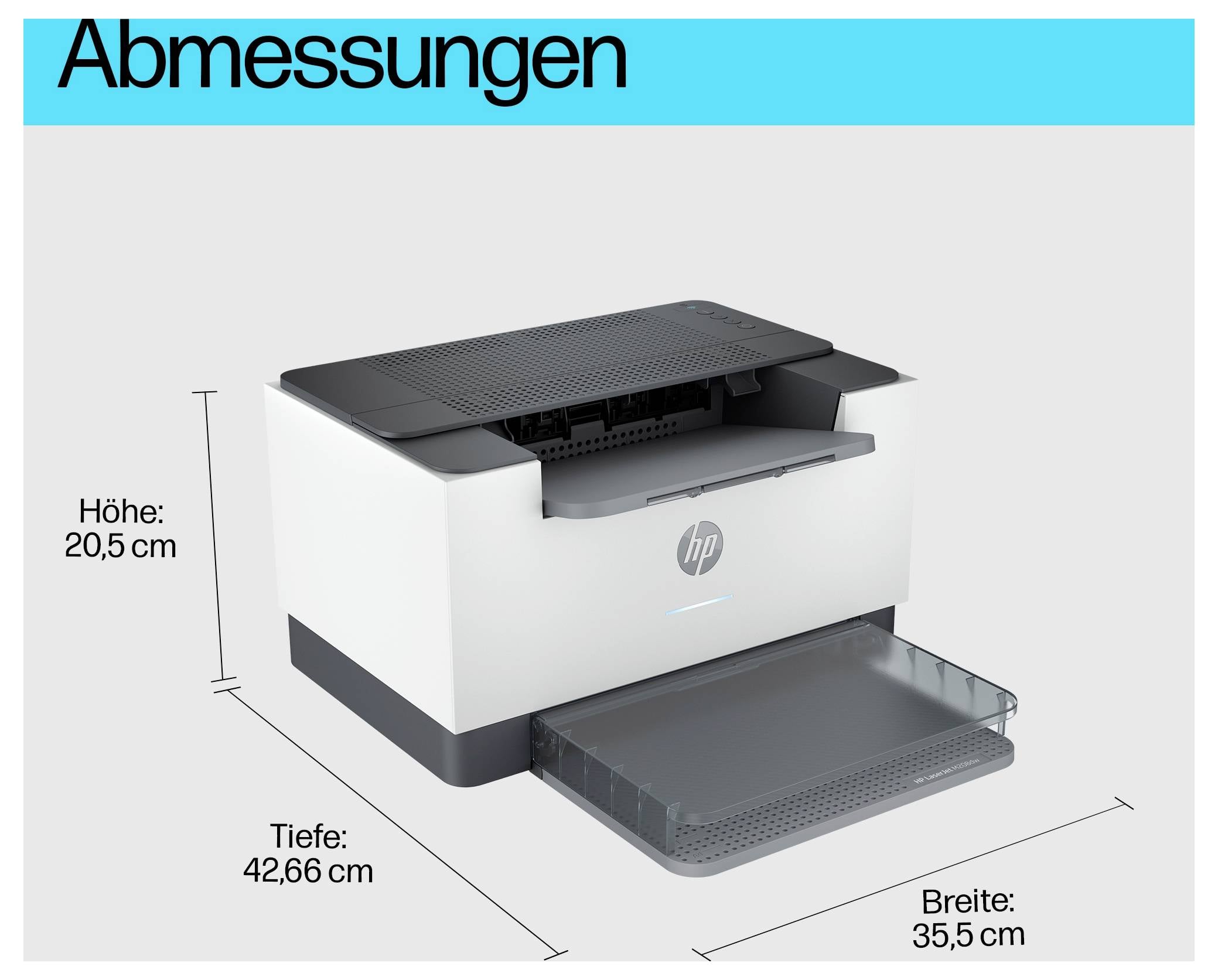 HP-printerdimensionendiagram met hoogte 20,5 cm, diepte 42,66 cm en breedte 35,5 cm.