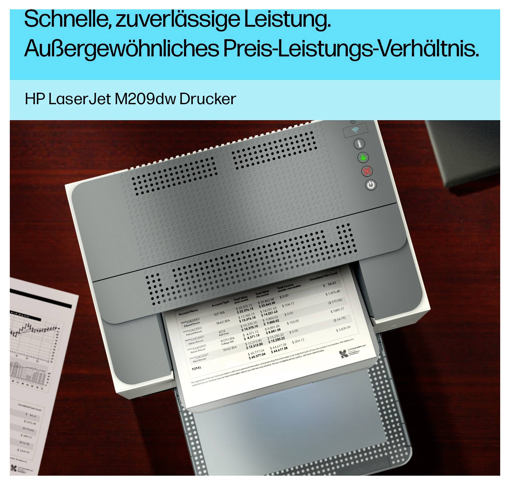 HP LaserJet M209dw-printer weergegeven tijdens het afdrukken van een document, met Duitse advertentietekst die snelle, betrouwbare prestaties en uitstekende waarde belooft.