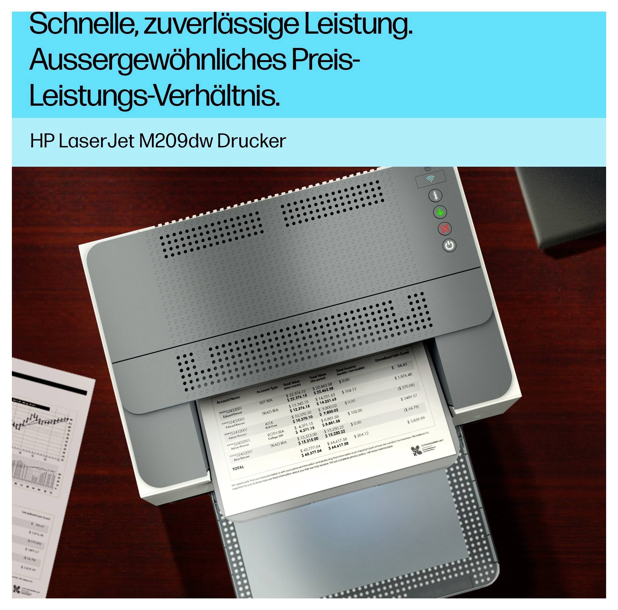 HP LaserJet M209dw printer die een document afdrukt; Duitse advertentietekst promoot snelle, betrouwbare prestaties en waarde.