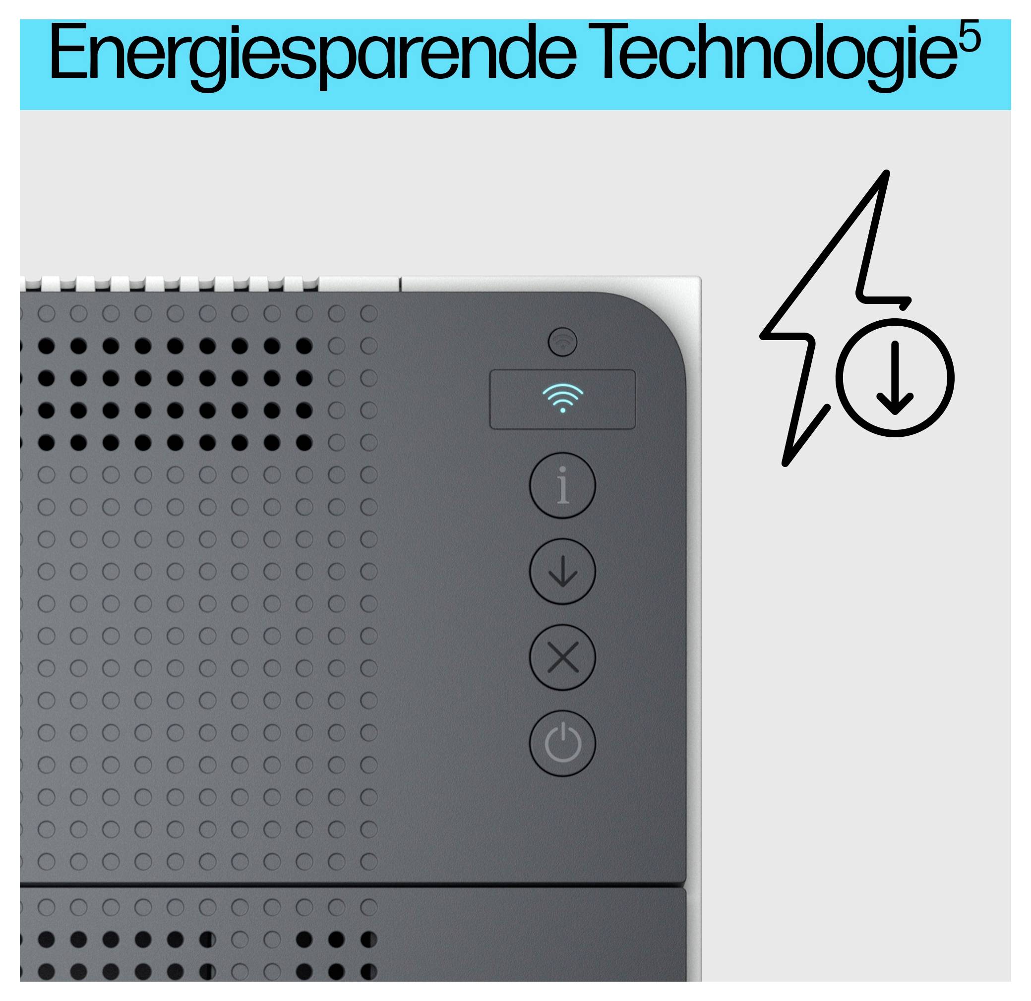 Energiebesparingstechnologie grafisch weergegeven met een grijs apparaatpaneel met Wi-Fi, info, download, sluiten en power-pictogrammen onder de titel 'Energiesparende Technologie'.