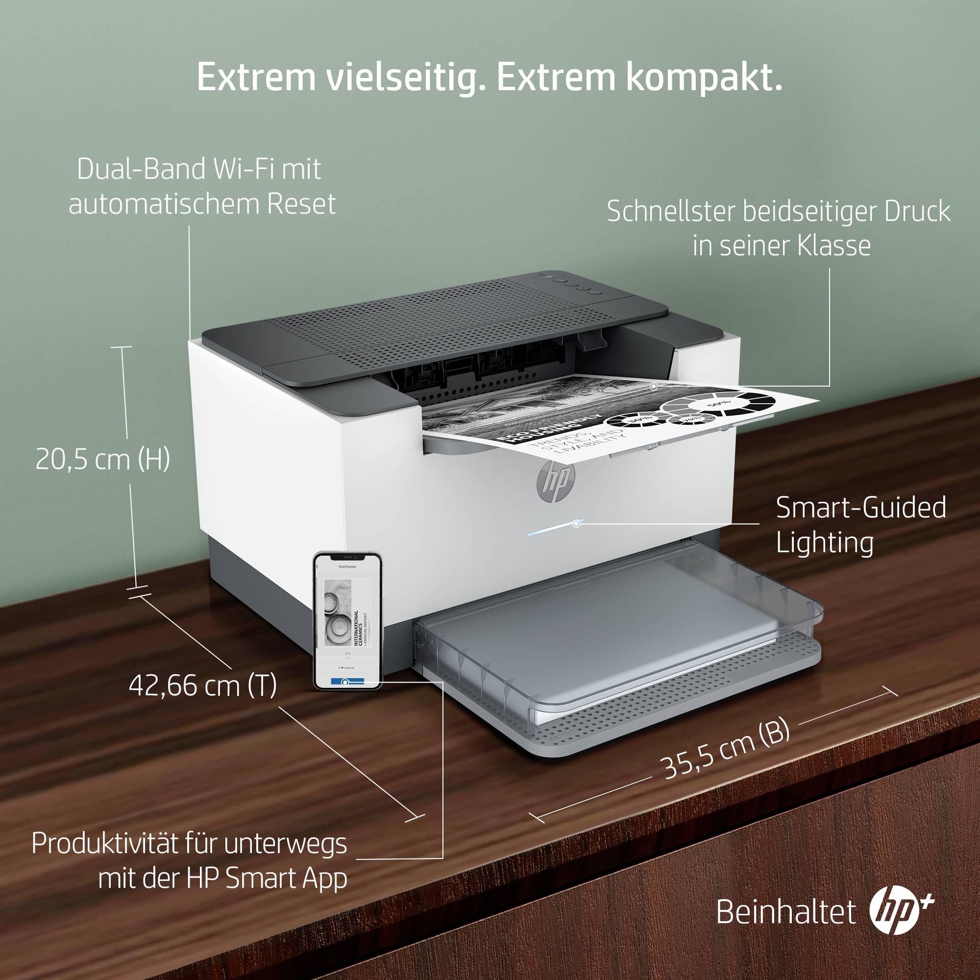 De printer is compact en veelzijdig met functies zoals Dual-Band Wi-Fi, intelligent licht, snel printen en app-ondersteuning. Bevat HP+ voordelen.