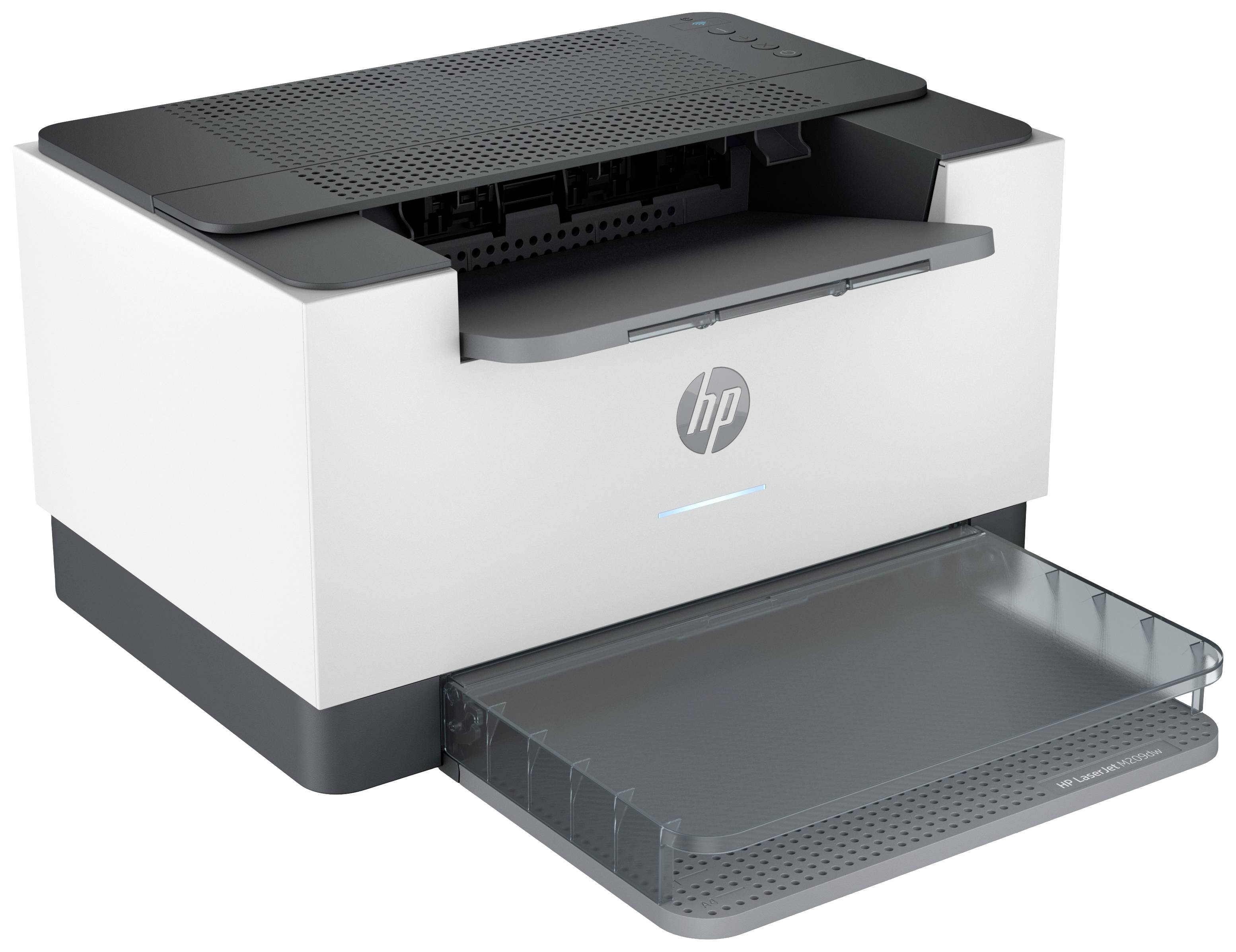 Een moderne printer in grijs en wit met geopende papieruitvoerlade, afgebeeld op een witte achtergrond.