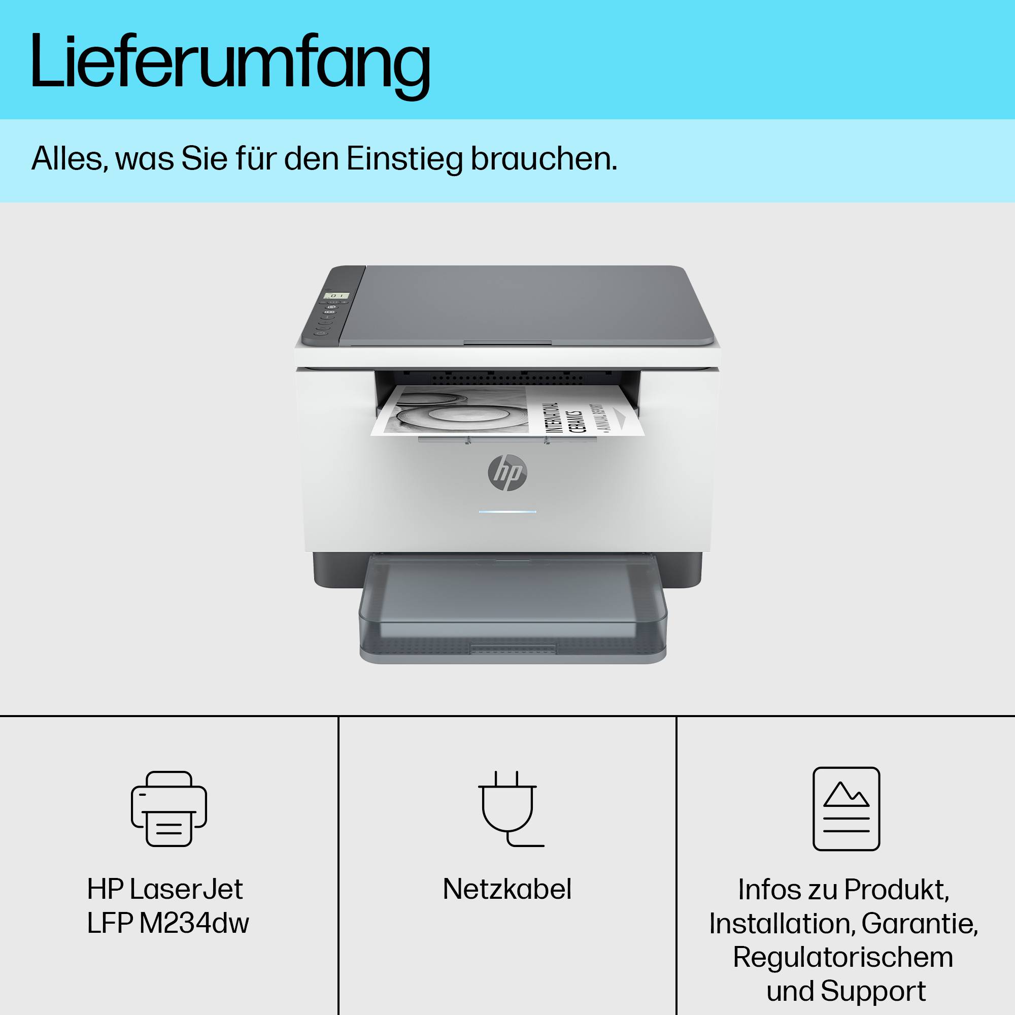 Leveringsomvang toont een printer, netwerkkabel en informatiedocumenten voor installatie, garantie en ondersteuning.